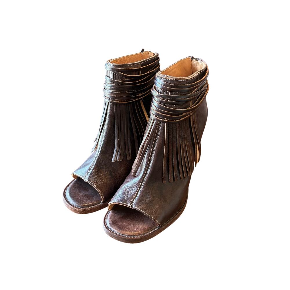 Bed Stu Onset Olivia Peep Toe Fringe Booties Brown Leather Boho Western Size 10